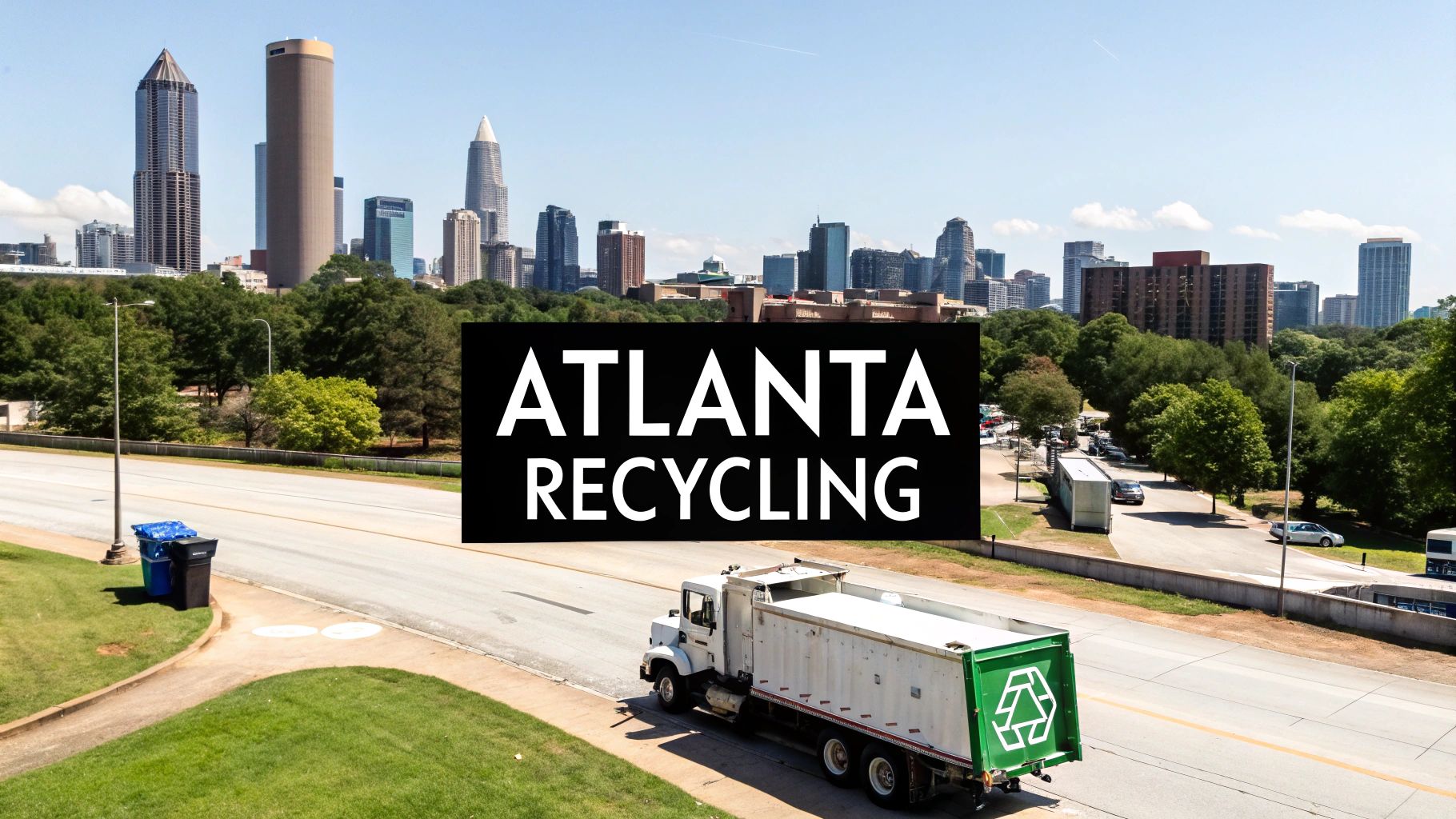 A recycling truck on a road with the Atlanta skyline and recycling bins, promoting Atlanta Recycling.