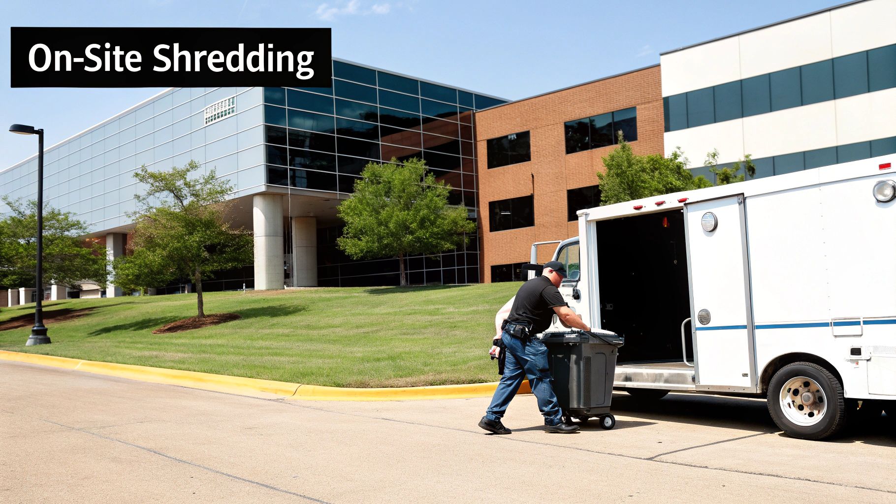 Man loads confidential documents into an on-site shredding truck outside modern office buildings.
