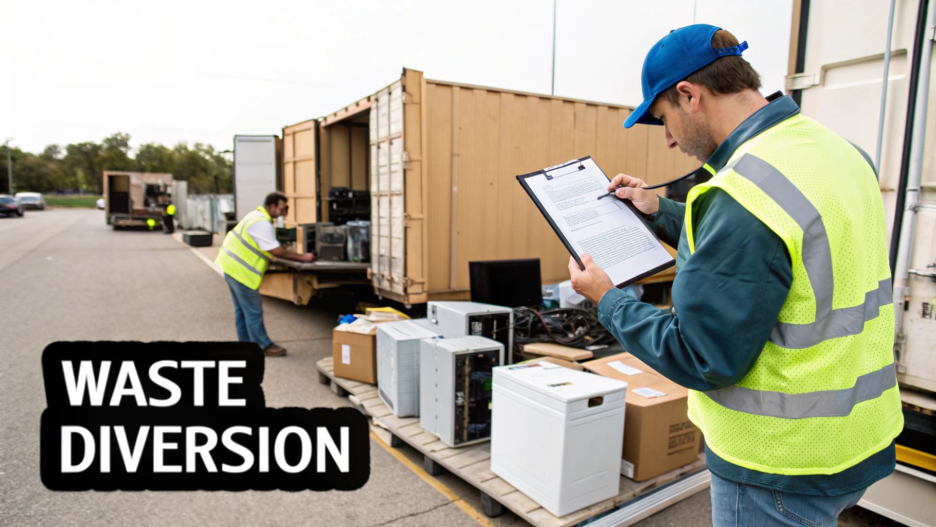 Two men in safety vests manage e-waste for diversion, with one documenting items near large containers.