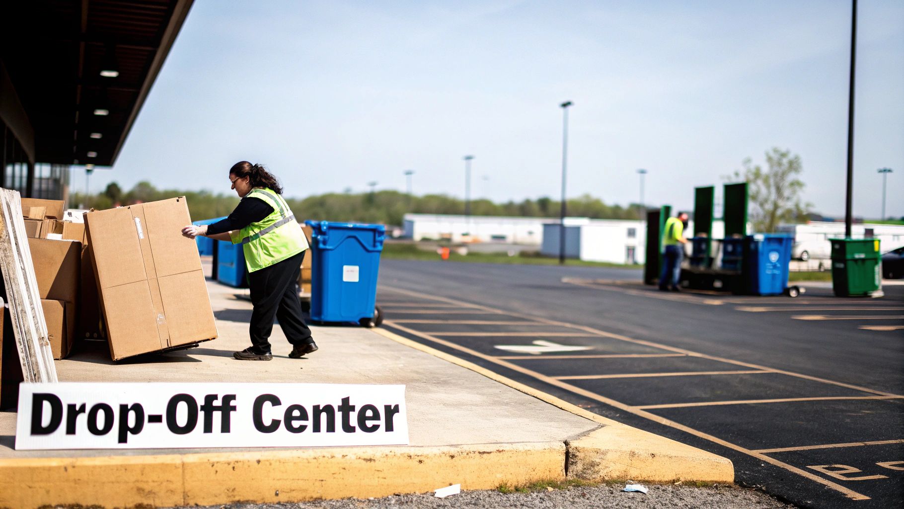 People actively recycling cardboard boxes and other materials at an outdoor drop-off center.
