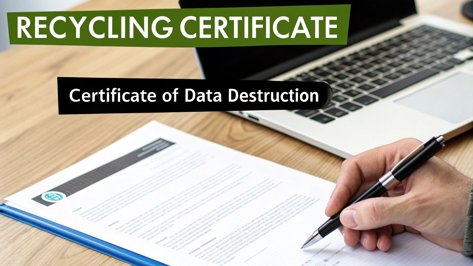 A hand signs a data destruction certificate for computer recycling on a wooden desk with a laptop.