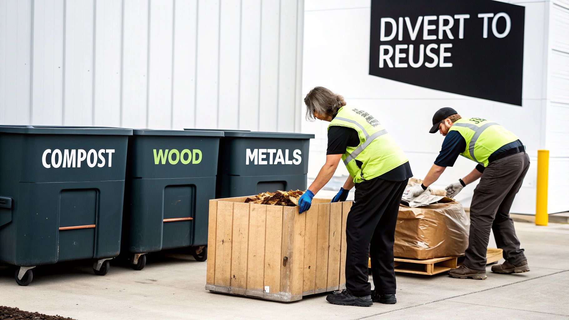 Workers sort waste into labeled bins for compost, wood, and metals, promoting reuse and recycling.
