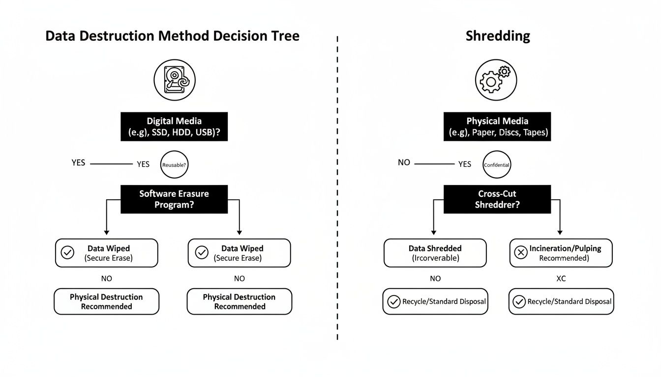 Decision tree diagram illustrating data destruction methods for both digital and physical media, including shredding processes.