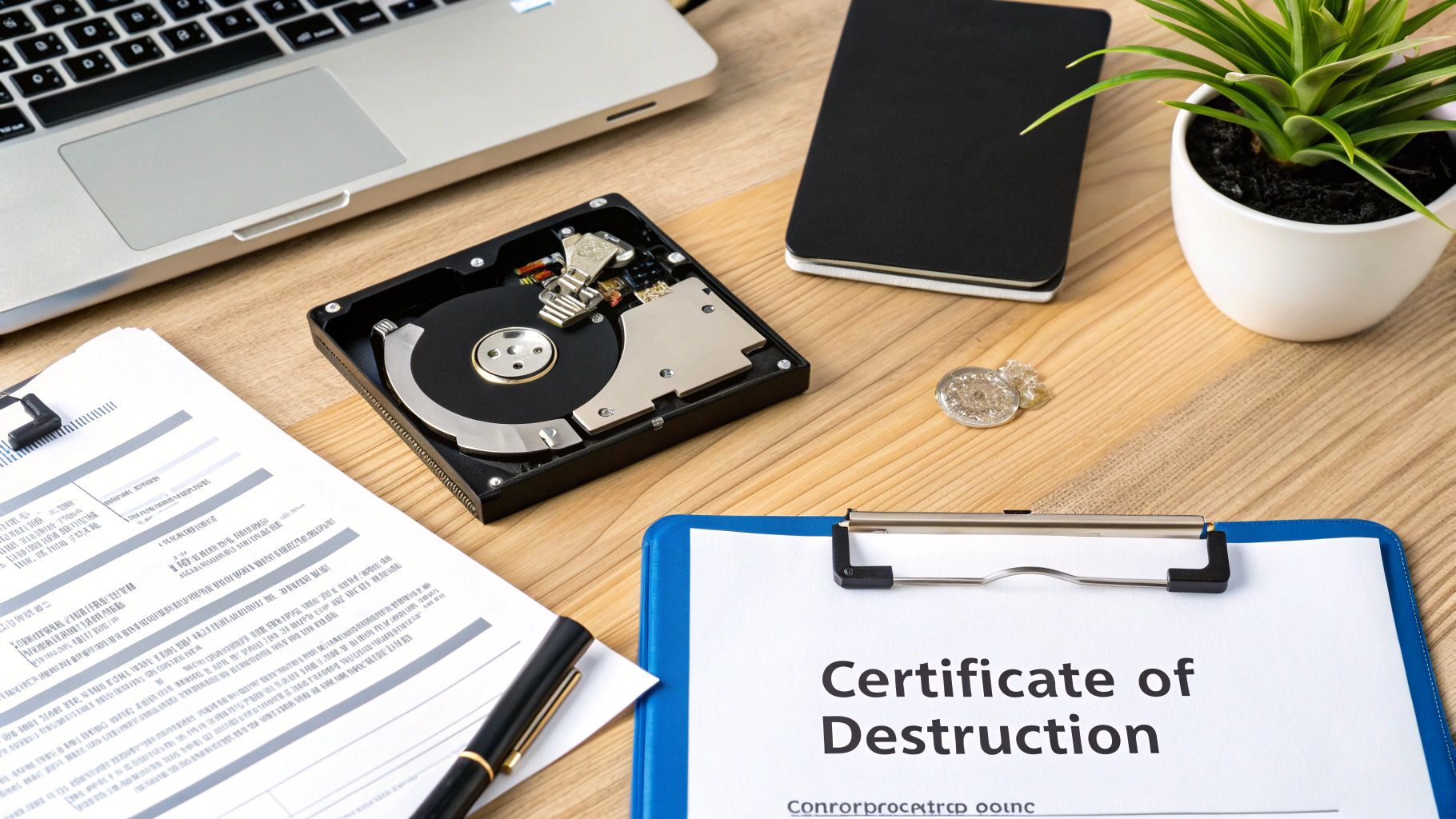 Overhead view of a desk with a laptop, open hard drive, and a 'Certificate of Destruction' document.
