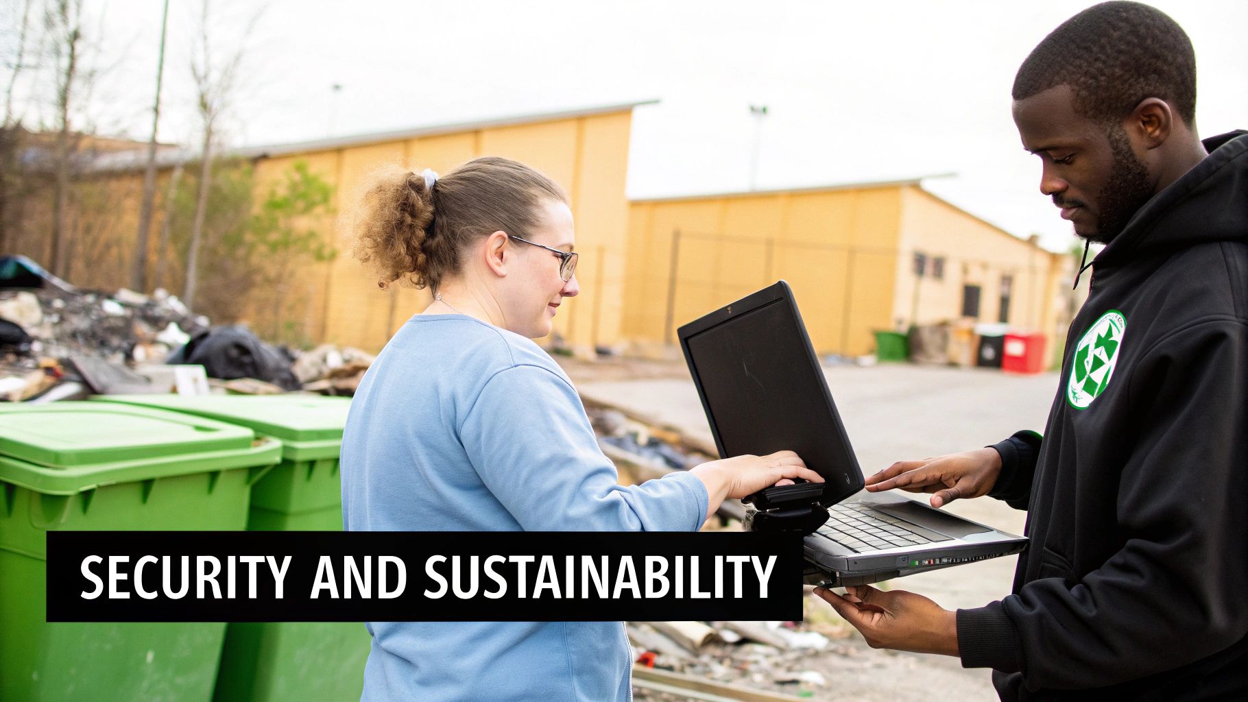 Two people inspect a laptop near recycling bins and discarded electronics, representing security and sustainability.