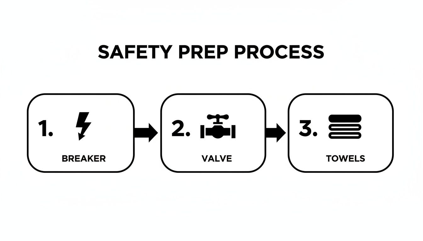 A three-step safety preparation process diagram showing breaker, valve, and towels with arrows.