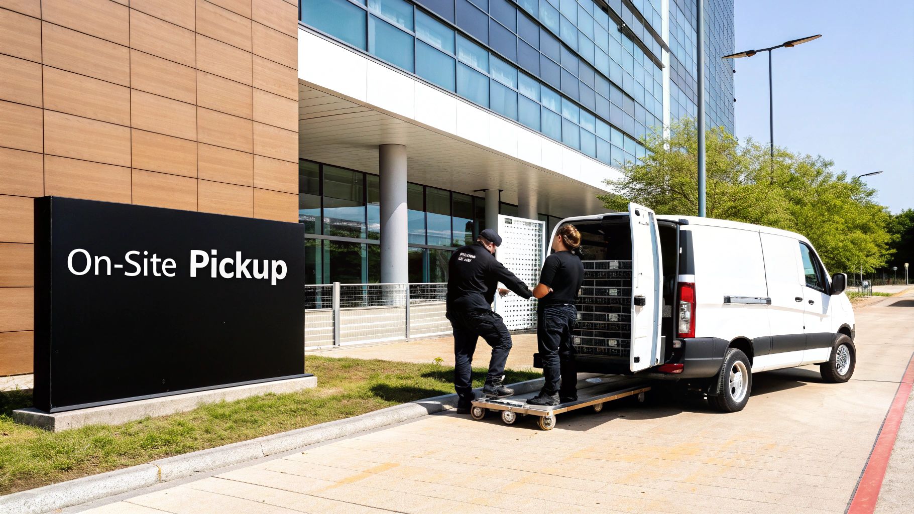 Two workers are loading electronics into a white delivery van during an on-site pickup service at a modern building.