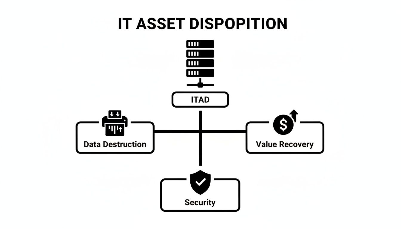 A diagram illustrating IT asset disposition (ITAD) processes, including data destruction, value recovery, and security.