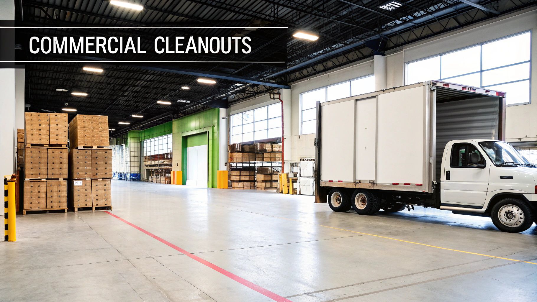 A large commercial warehouse with a white box truck, stacks of boxes, and loading bays for cleanouts.