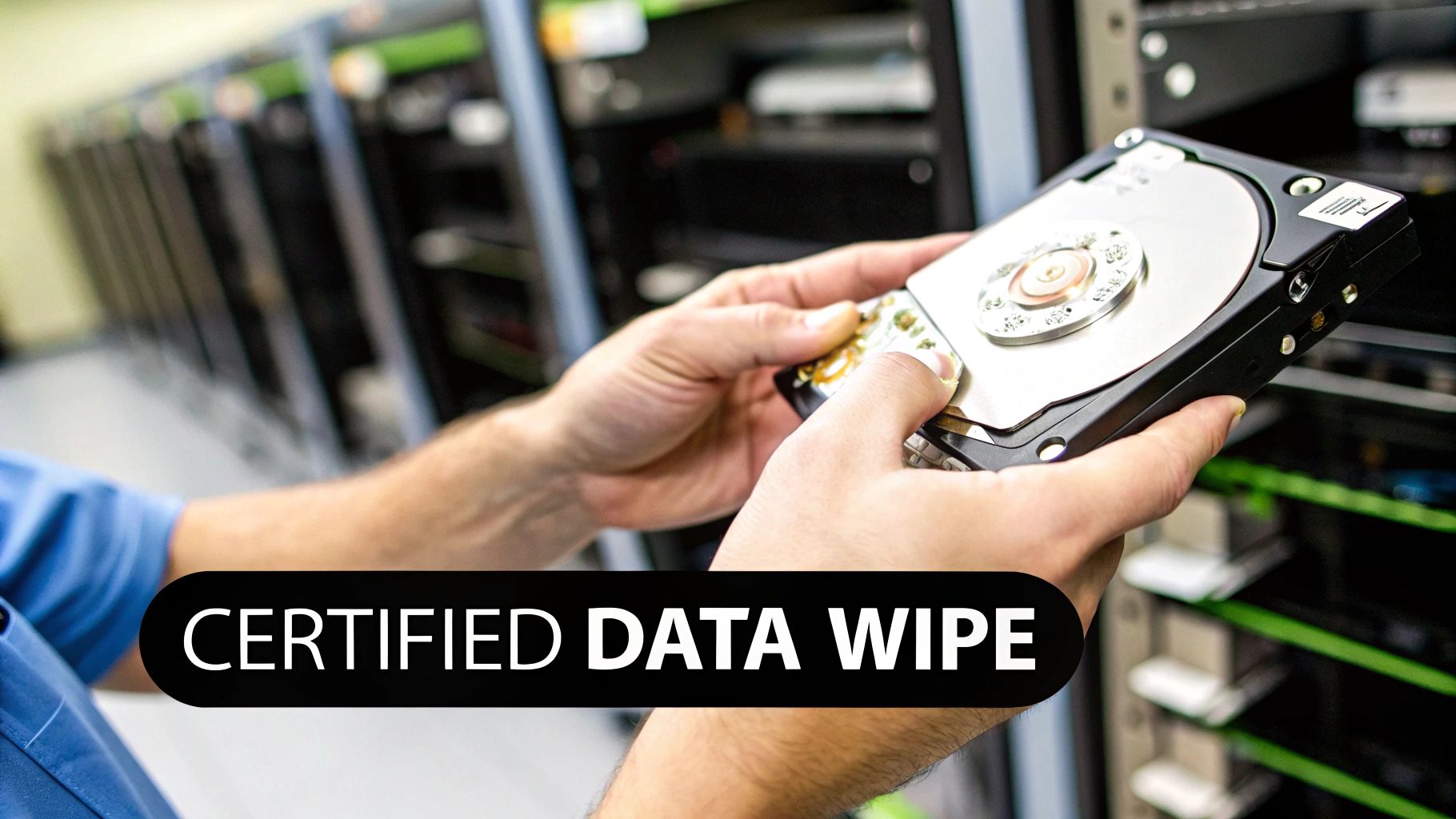 A person holds an open hard drive in a data center, with text 'Certified Data Wipe'.