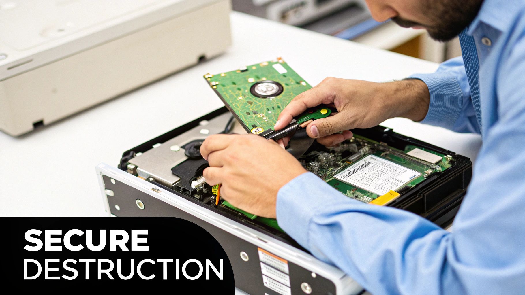 Hands disassembling a hard drive for secure data destruction in an IT setting.