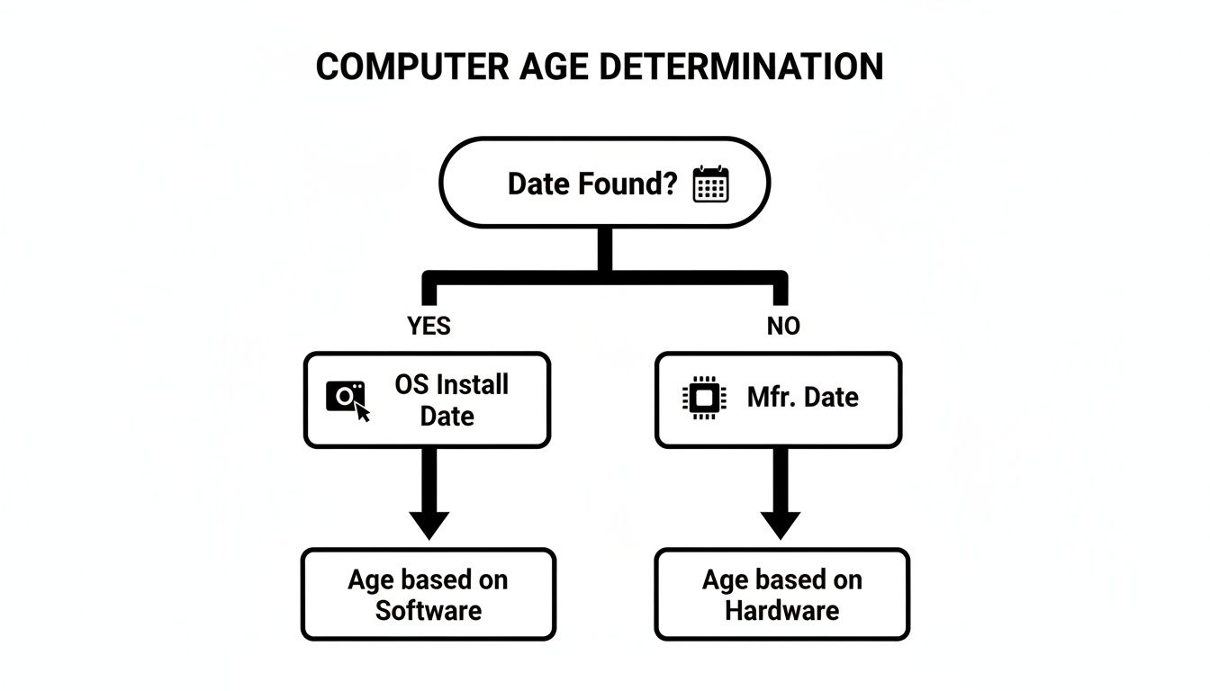 A flowchart detailing how to determine a computer's age based on software or hardware dates.