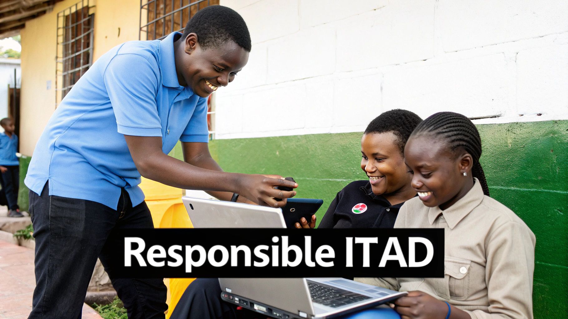 Three smiling young African students, two with laptops and one with a tablet, learning outdoors.