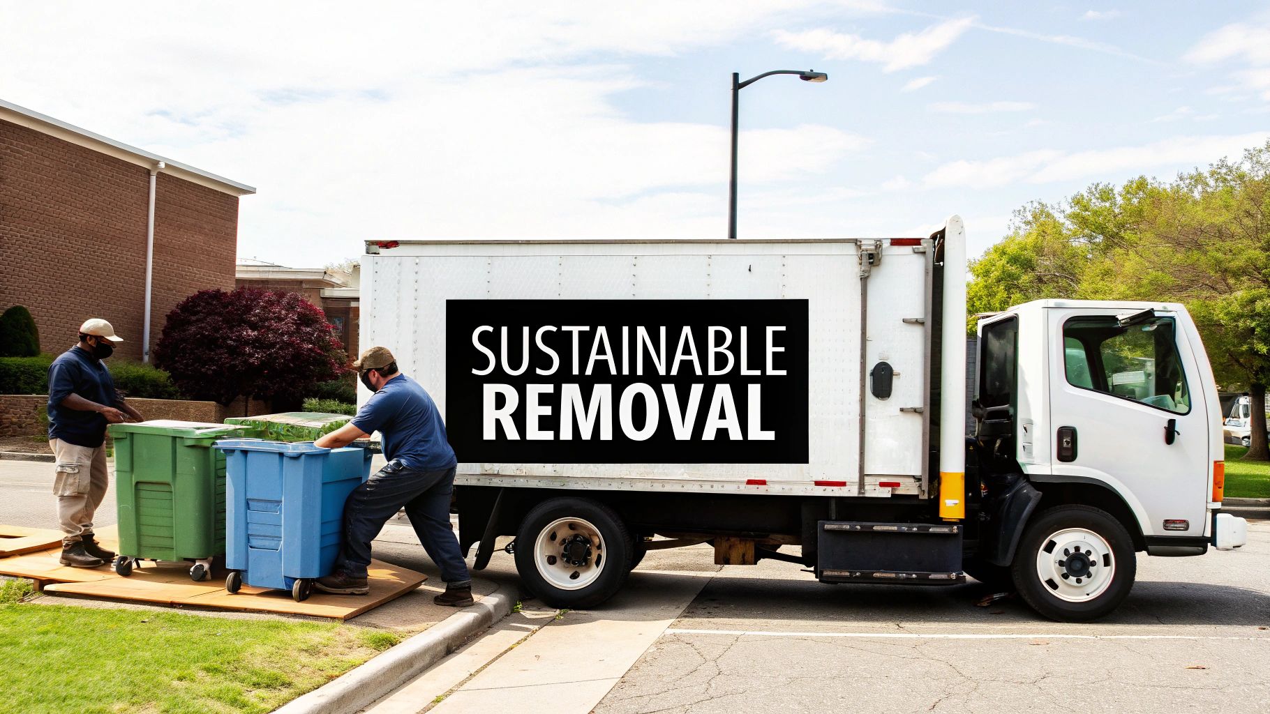 Two masked men load large green and blue bins onto a white "Sustainable Removal" truck.