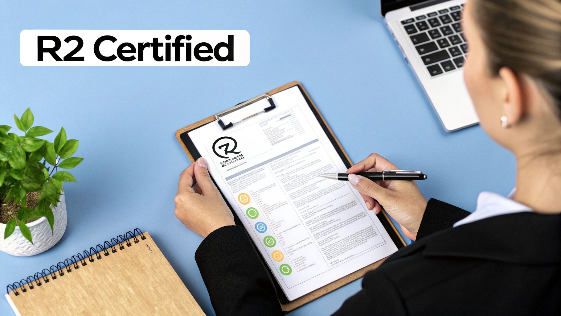 Professional reviewing R2 certified electronics recycling certification document on clipboard at organized workspace