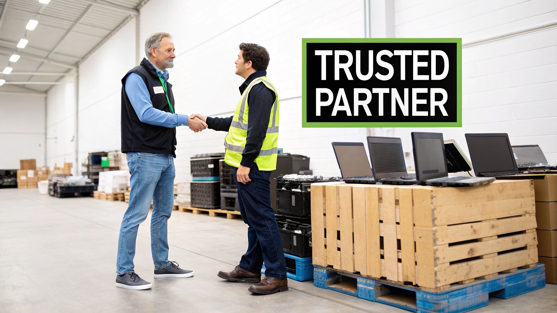 Two business partners shake hands in a warehouse surrounded by laptops for electronic waste recycling.