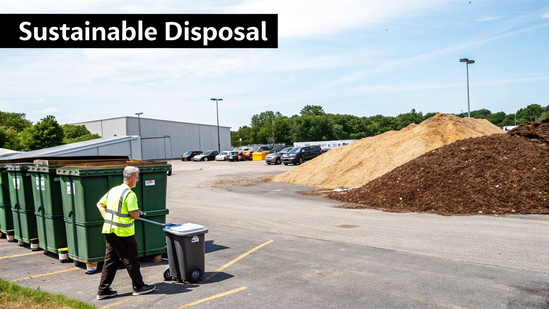 A worker in a safety vest pulls a trash bin past dumpsters, with piles of wood chips and mulch nearby.