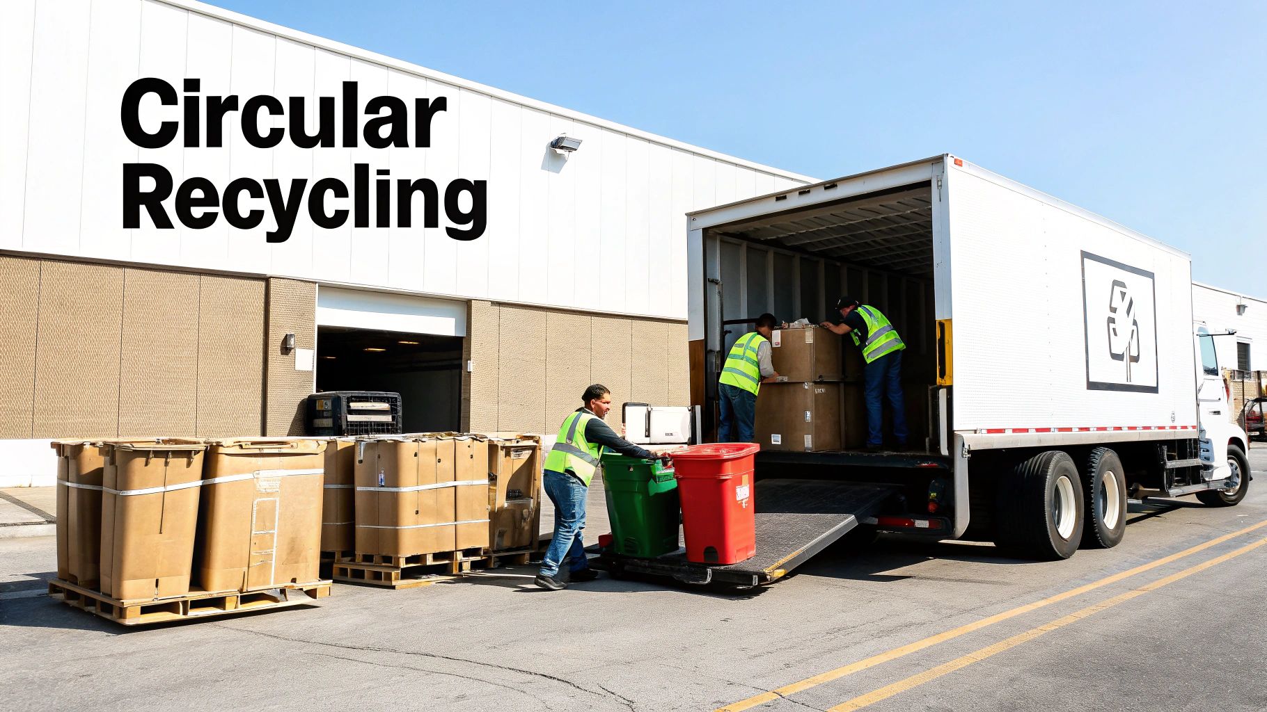Workers load cardboard boxes and recycling bins onto a truck outside a building with 'Circular Recycling' text.