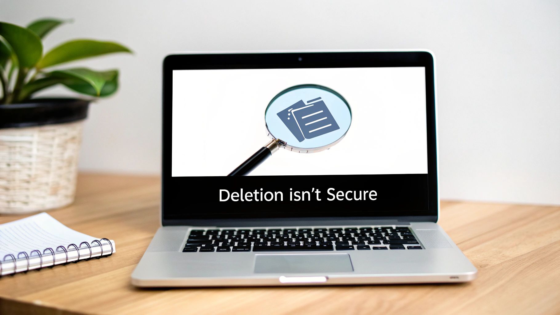 A laptop on a wooden desk shows a magnifying glass over files and text 'Deletion isn't Secure'.