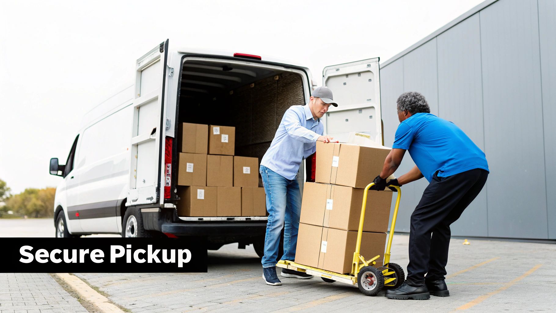 Two men load cardboard boxes from a hand truck into a white delivery van for secure pickup.