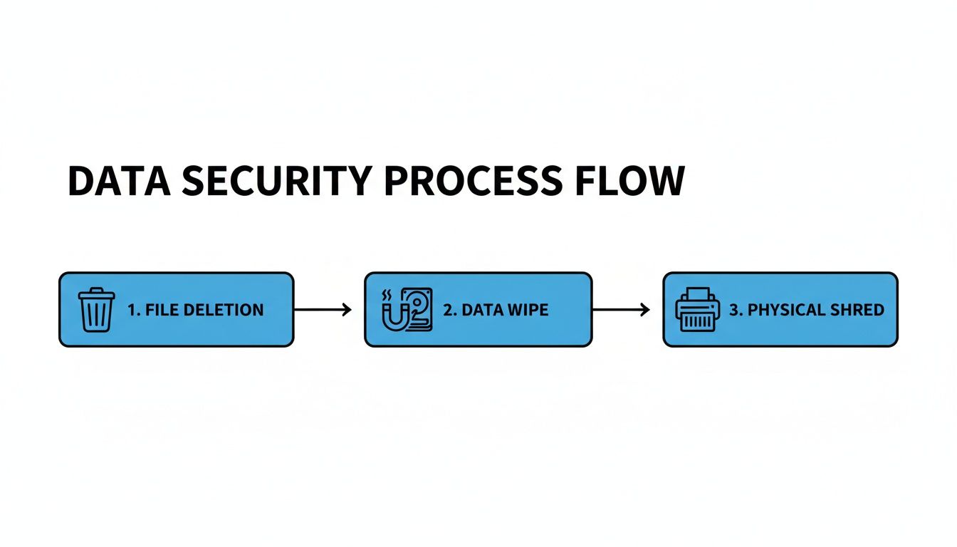 A flowchart illustrating a data security process with three steps: file deletion, data wipe, and physical shred.