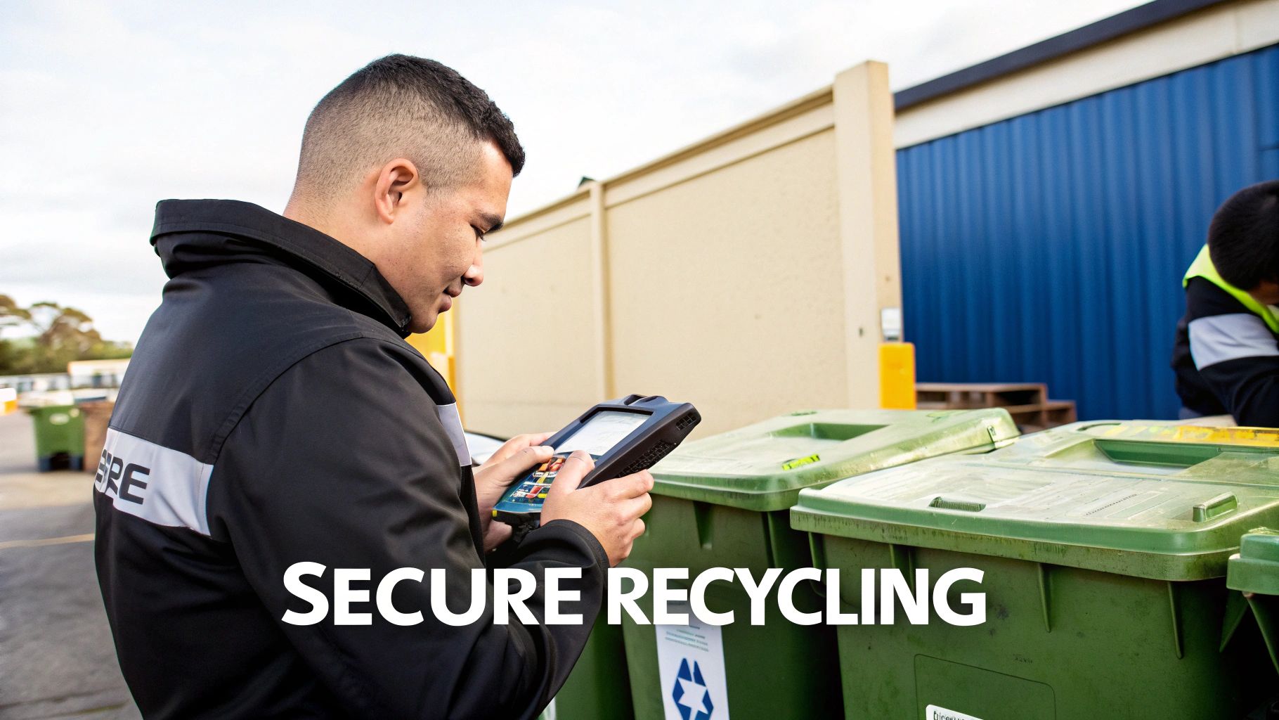 Security professional scanning recycling bins with handheld device for secure electronic waste management