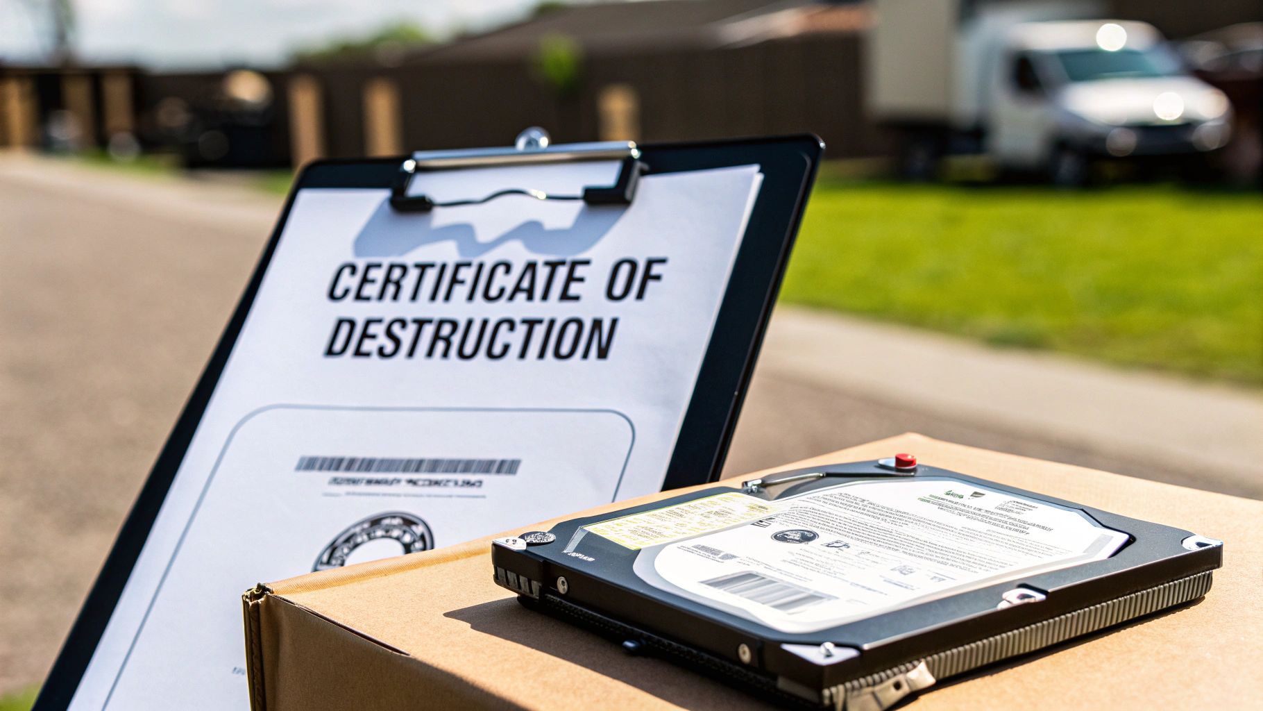 Certificate of Destruction document on a clipboard next to a hard drive, ready for data disposal.