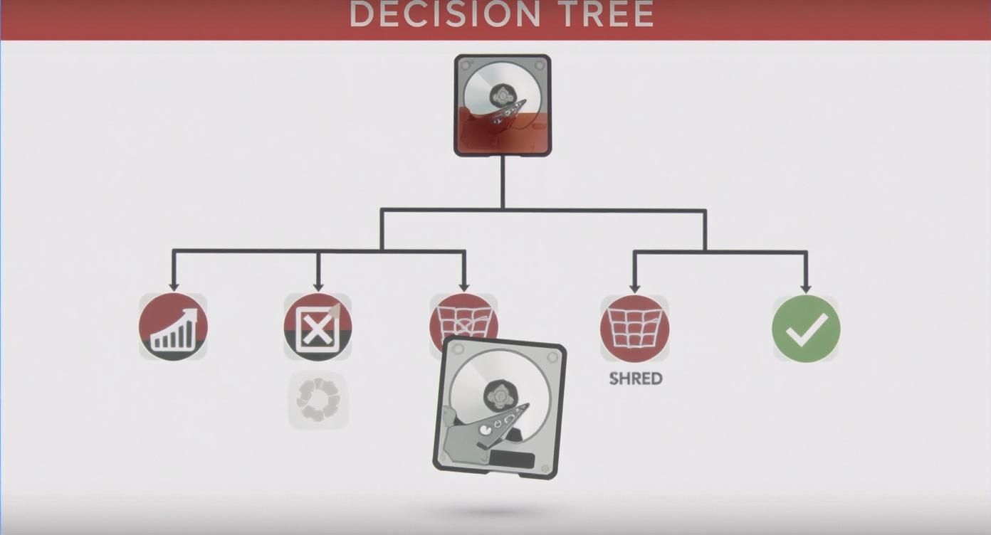 Decision tree flowchart showing hard drive disposal options with shredding as recommended secure method