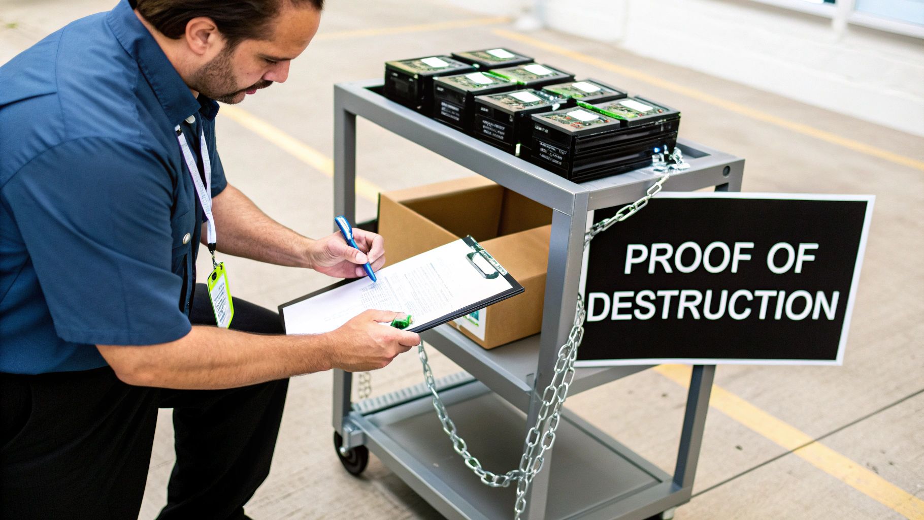 Man documenting data destruction on clipboard next to equipment labeled "PROOF OF DESTRUCTION," emphasizing compliance in IT asset disposition.