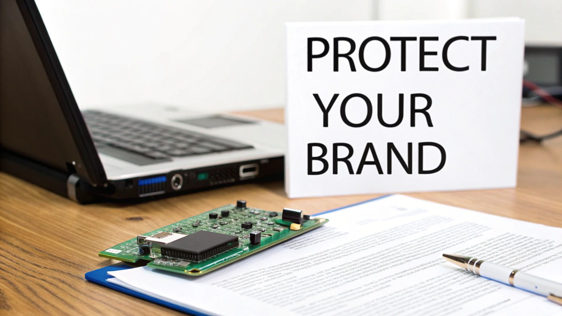 A desk with a laptop, circuit board, documents, pen, and a sign reading 'PROTECT YOUR BRAND'.
