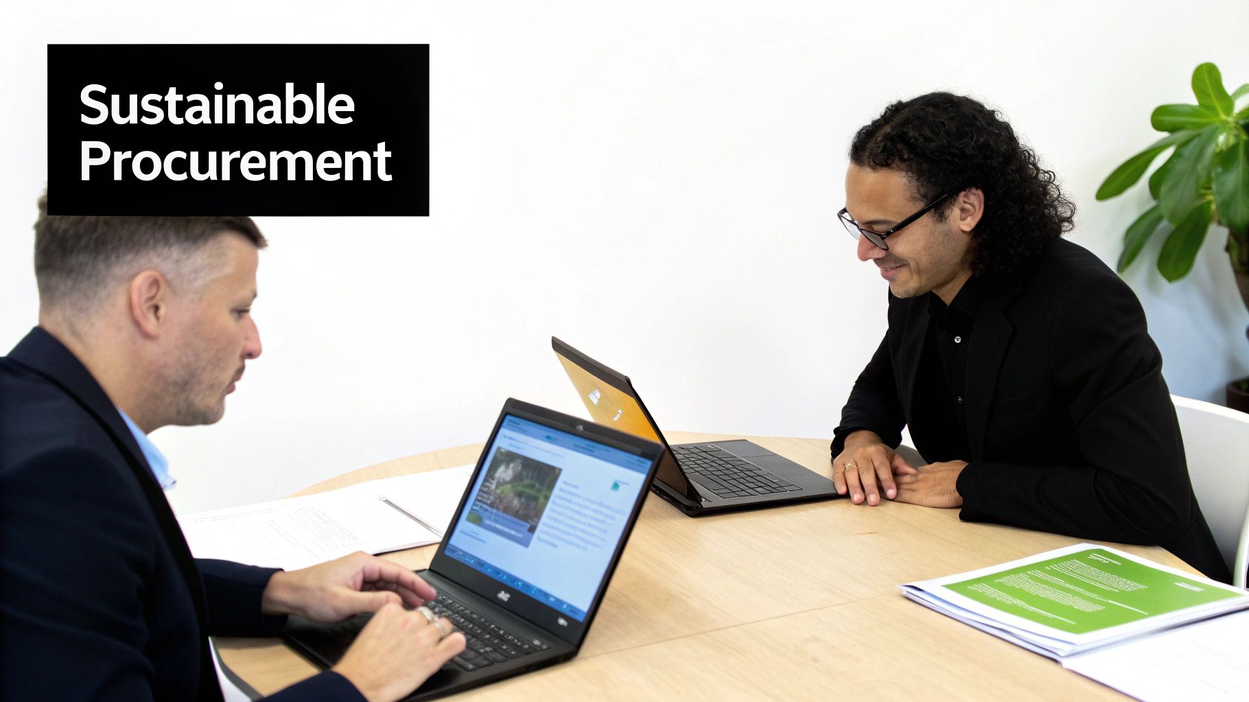 A person examining a new laptop with sustainable packaging in an office setting.