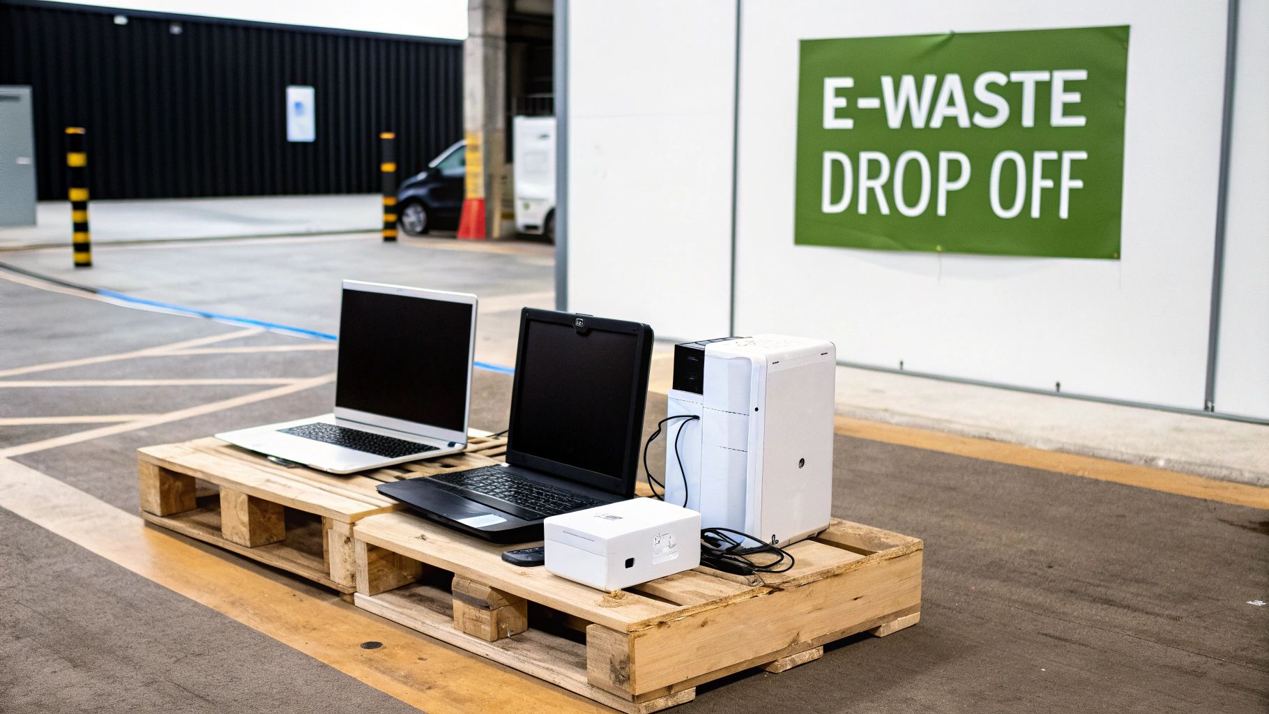 Old electronics like laptops and monitors stacked for recycling