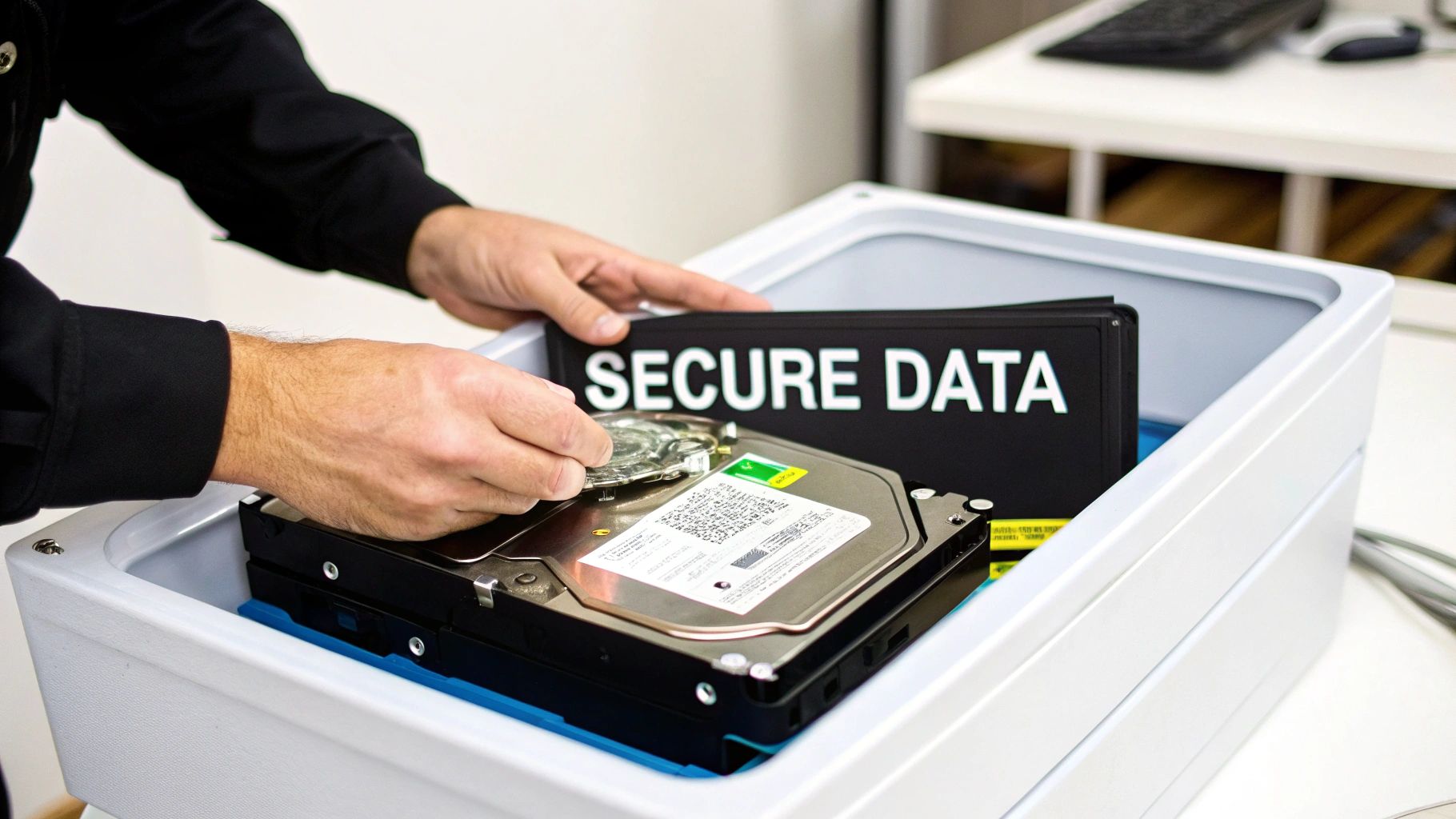 Hands placing a computer hard drive into a white container labeled 'SECURE DATA'.