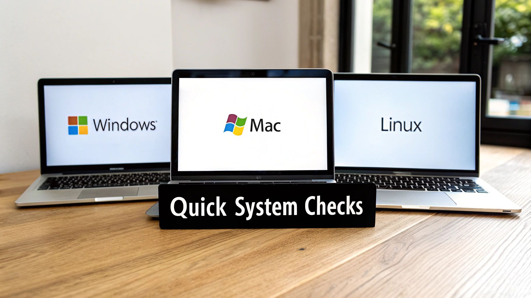 A row of three laptops displaying Windows, Mac, and Linux operating systems with a "Quick System Checks" sign.