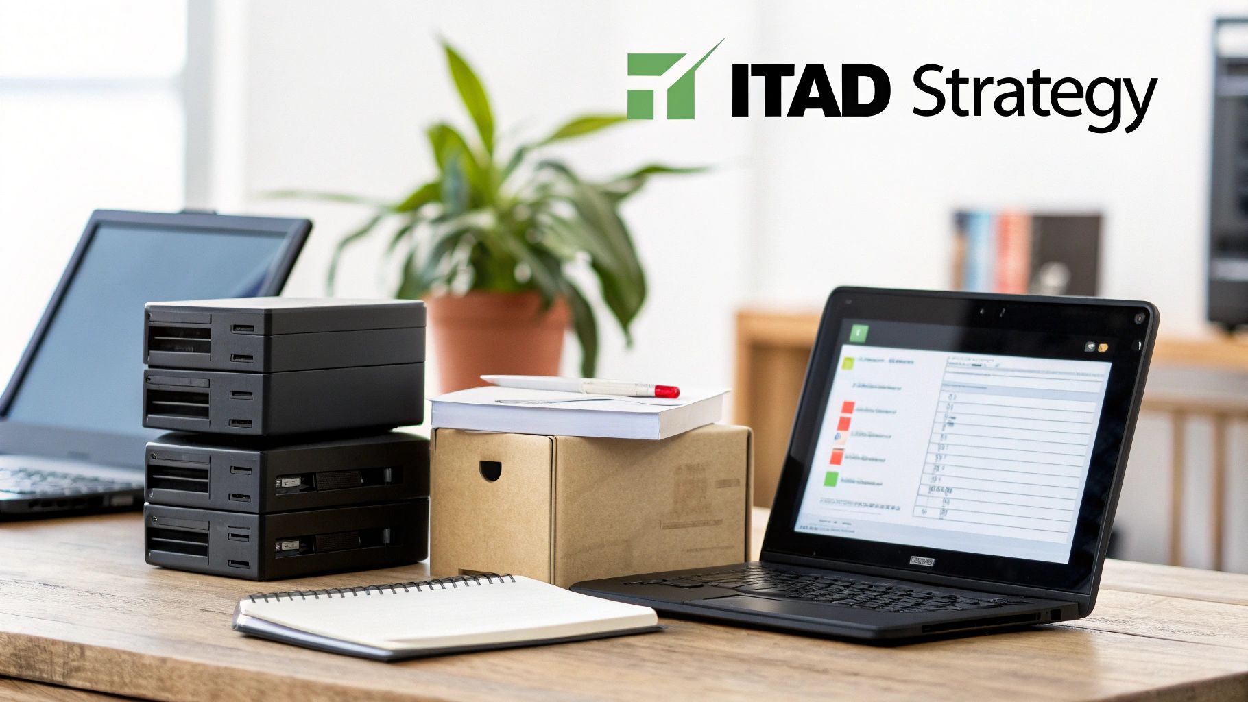 A workspace with computers, obsolete data storage units, and the "ITAD Strategy" logo.