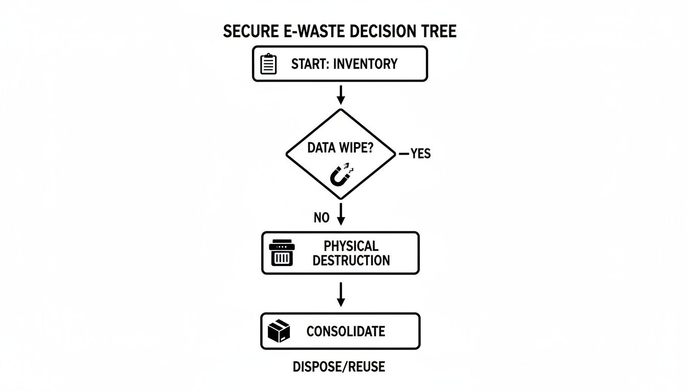 Flowchart illustrating a secure e-waste decision tree for inventory, data wiping, and physical destruction.