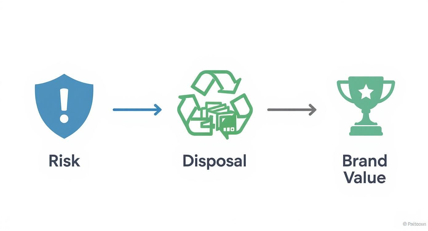 Infographic showing a process: Risk (shield with exclamation) to Disposal (recycling symbol) leading to Brand Value (trophy).
