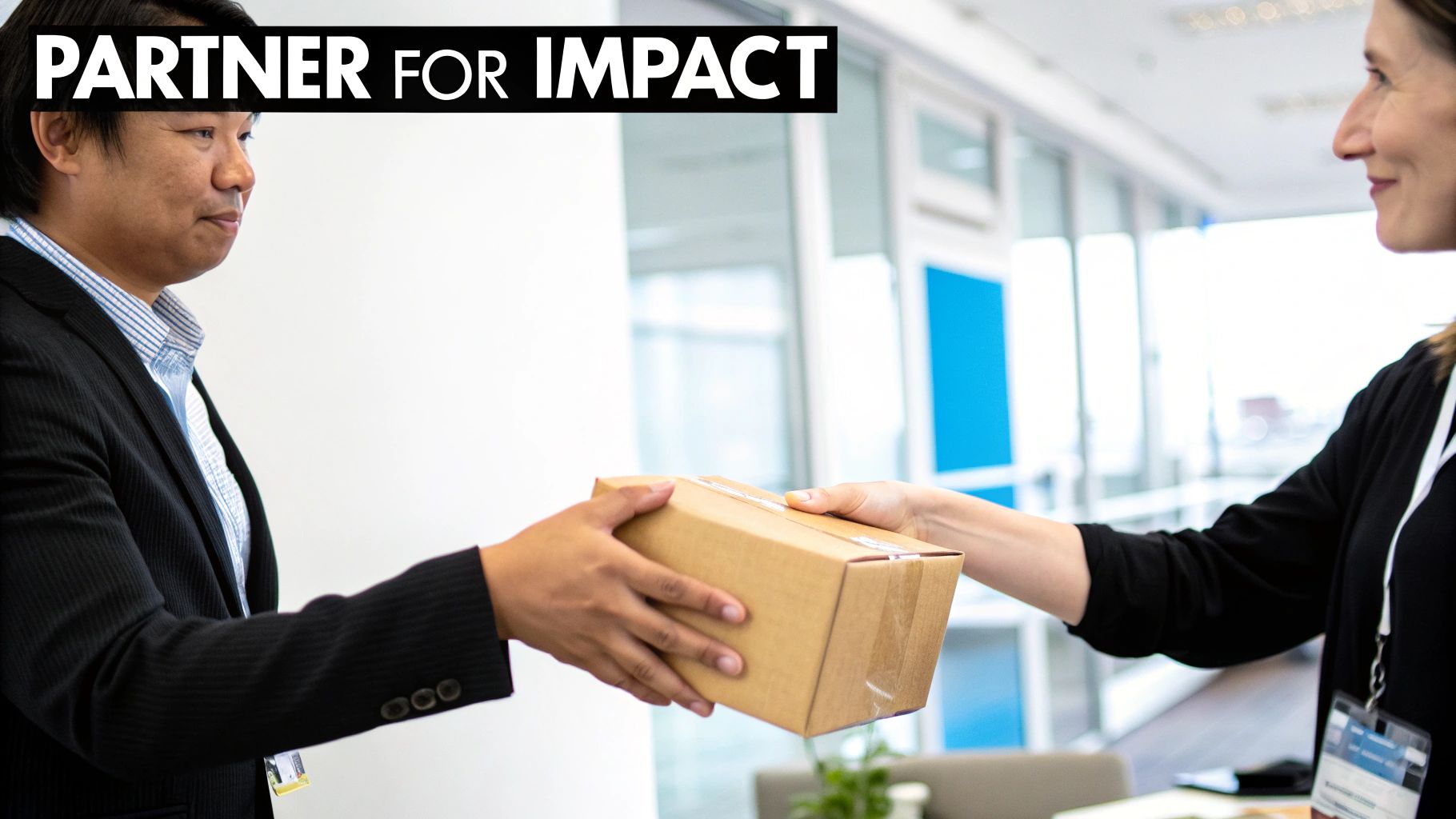 A man hands a brown package to a woman in a modern office, symbolizing business delivery.