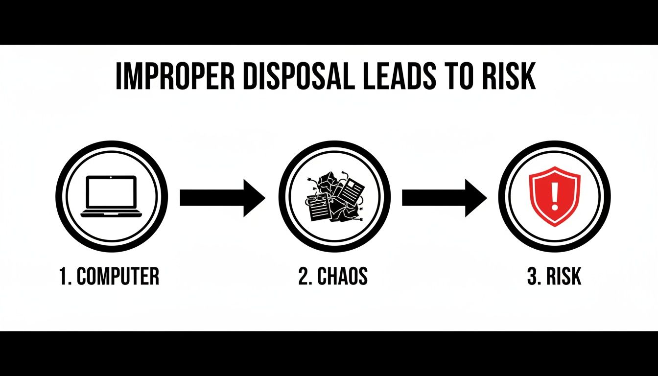 A flowchart showing how improper disposal of computers leads to chaos and data security risks.