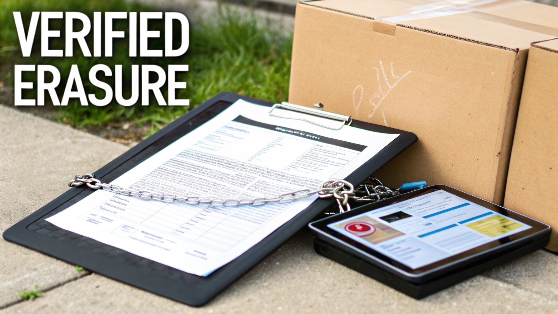 Clipboard with documents and smartphone chained together near package demonstrating data security and verified erasure