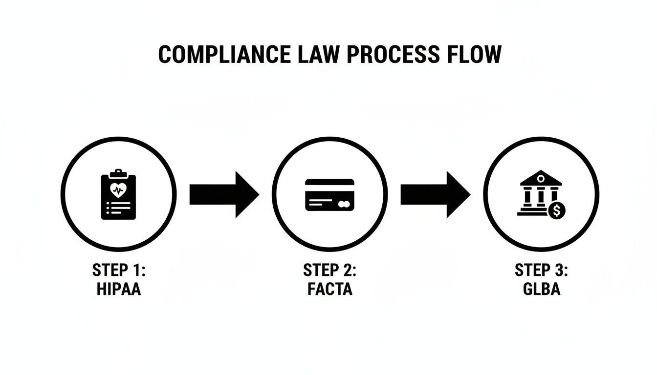 A three-step compliance law process flow diagram showing HIPAA, FACTA, and GLBA regulations.