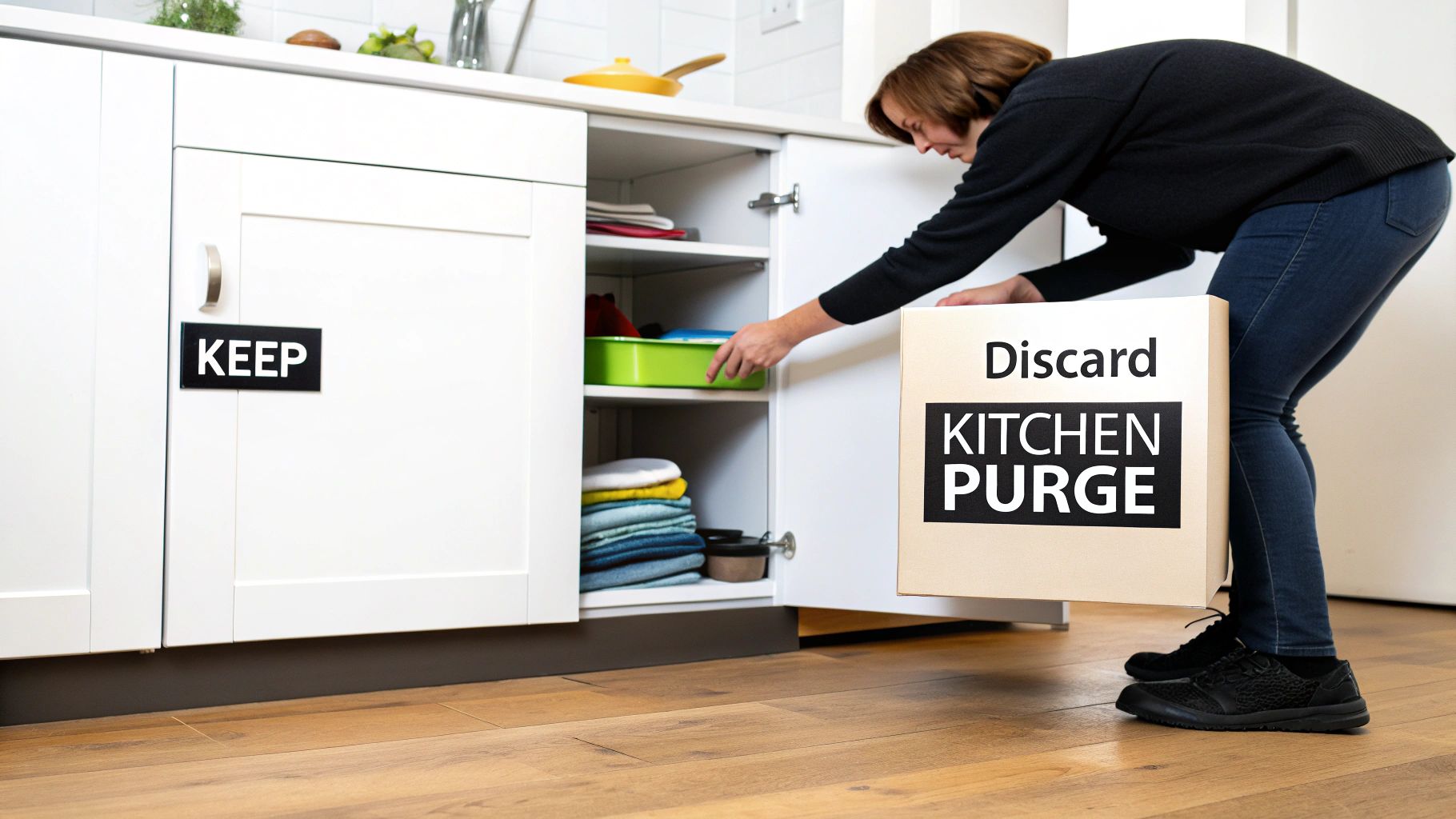A woman purges kitchen items, placing discards into a box while organizing cabinets marked 'KEEP'.