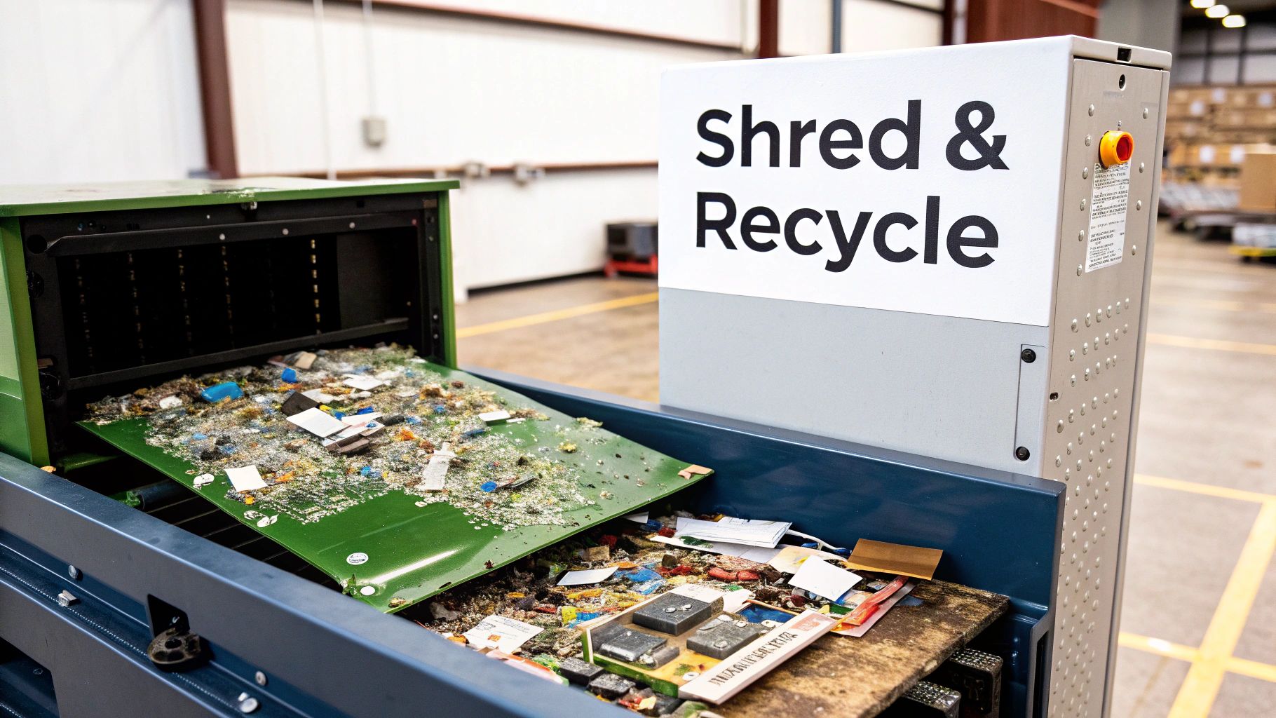 Electronic waste being fed into a green shredder at a 'Shred & Recycle' facility.