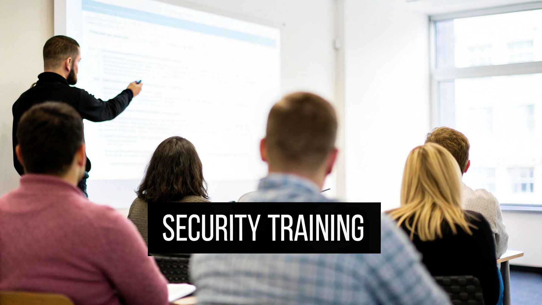 A presenter points to a screen during a security training session for a group of attendees.