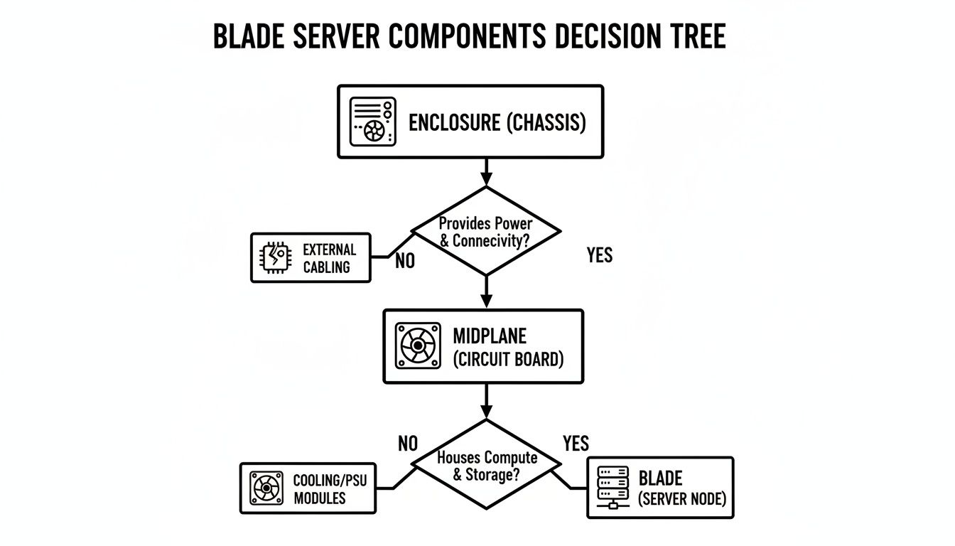 A decision tree flowchart detailing the components and their functional relationships within a blade server system.