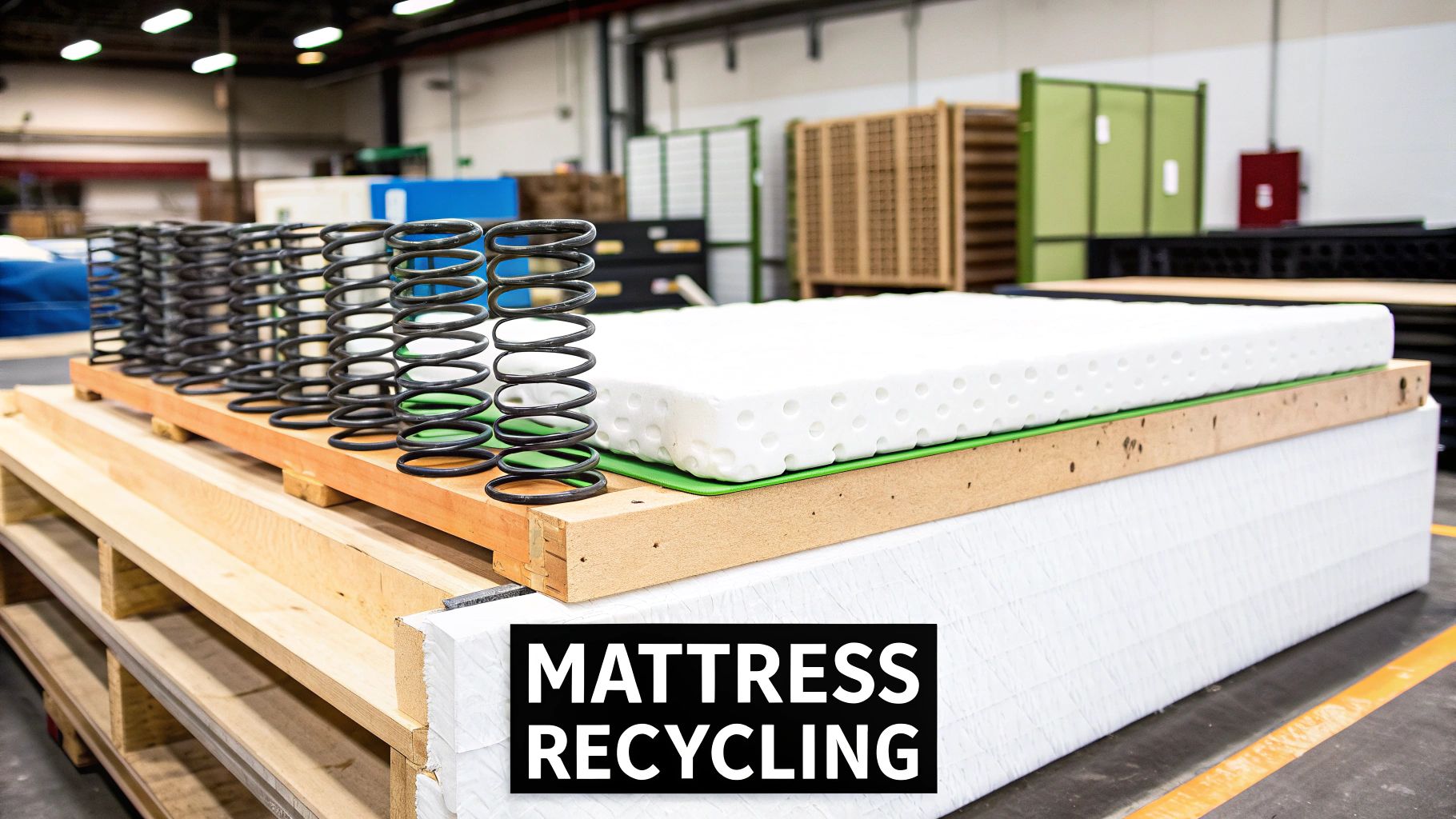 Various mattress components, including metal springs and foam layers, on a pallet for recycling.