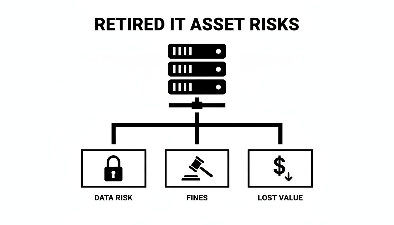 Diagram illustrating risks associated with retired IT assets: data risk, fines, and lost value.