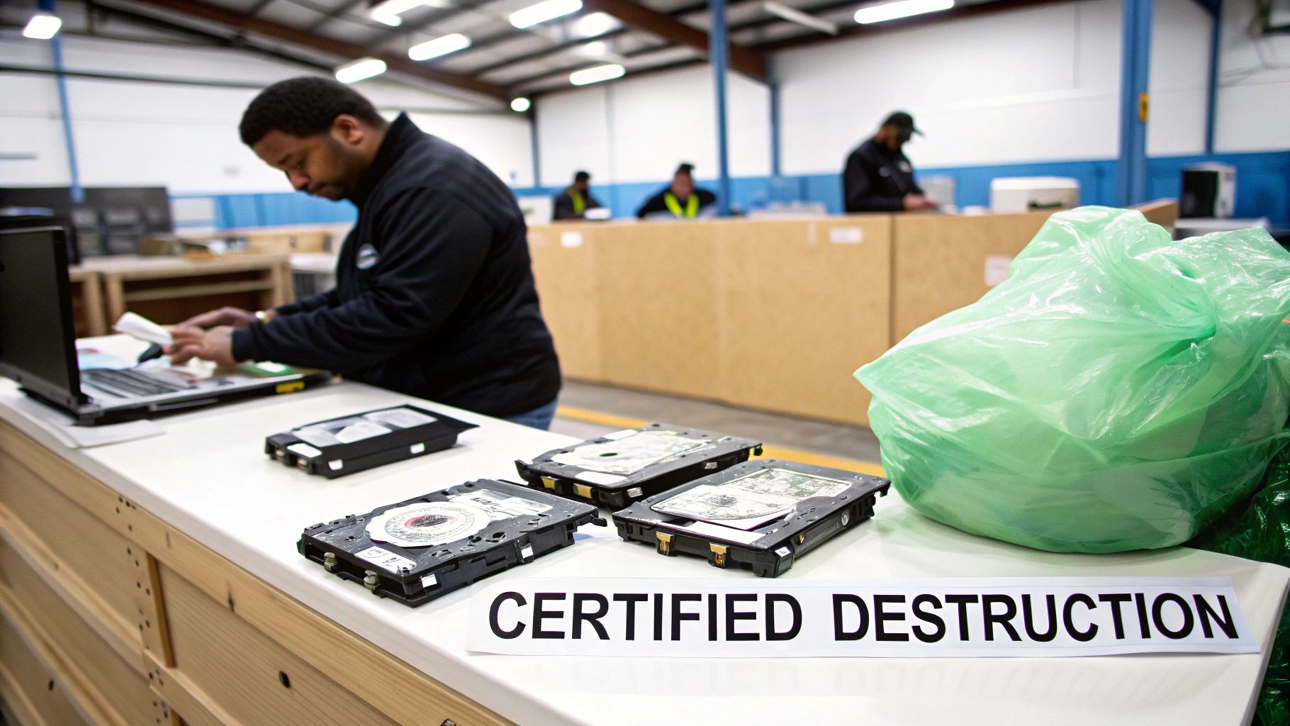 A close-up shot of a technician carefully dismantling a server, showcasing the detailed process of professional e-waste handling.