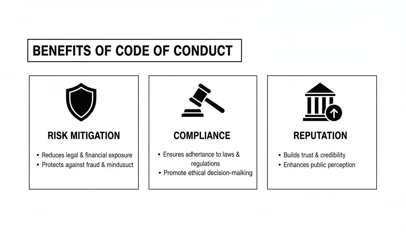 Diagram illustrating the three key benefits of a code of conduct: risk mitigation, compliance, and reputation.