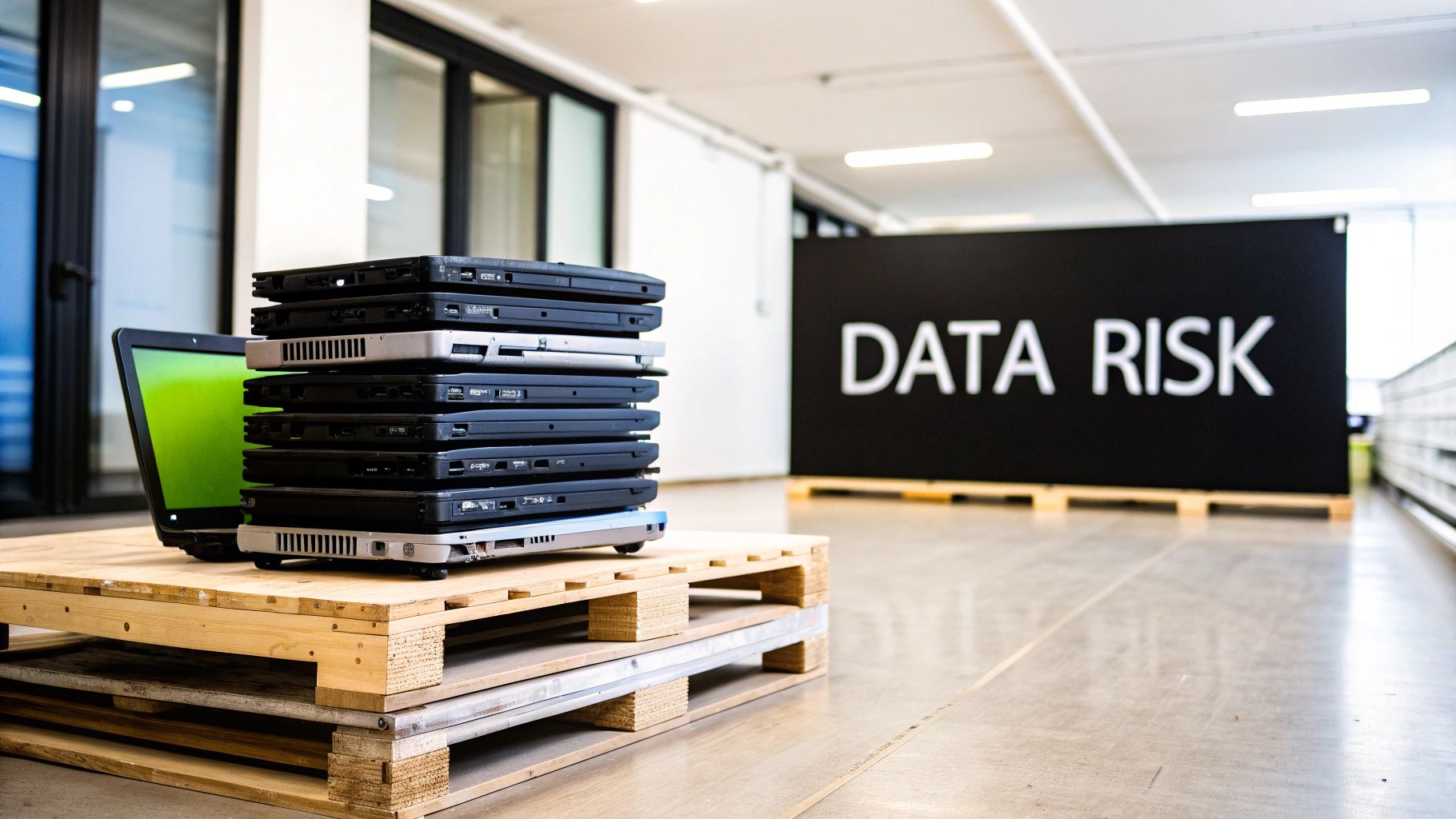 Stack of old laptops on wooden pallets, one open with a green screen, near a "DATA RISK" sign.